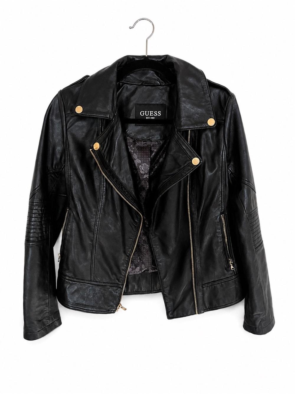 Guess Black Genuine Leather Moto Jacket with Gold Hardware